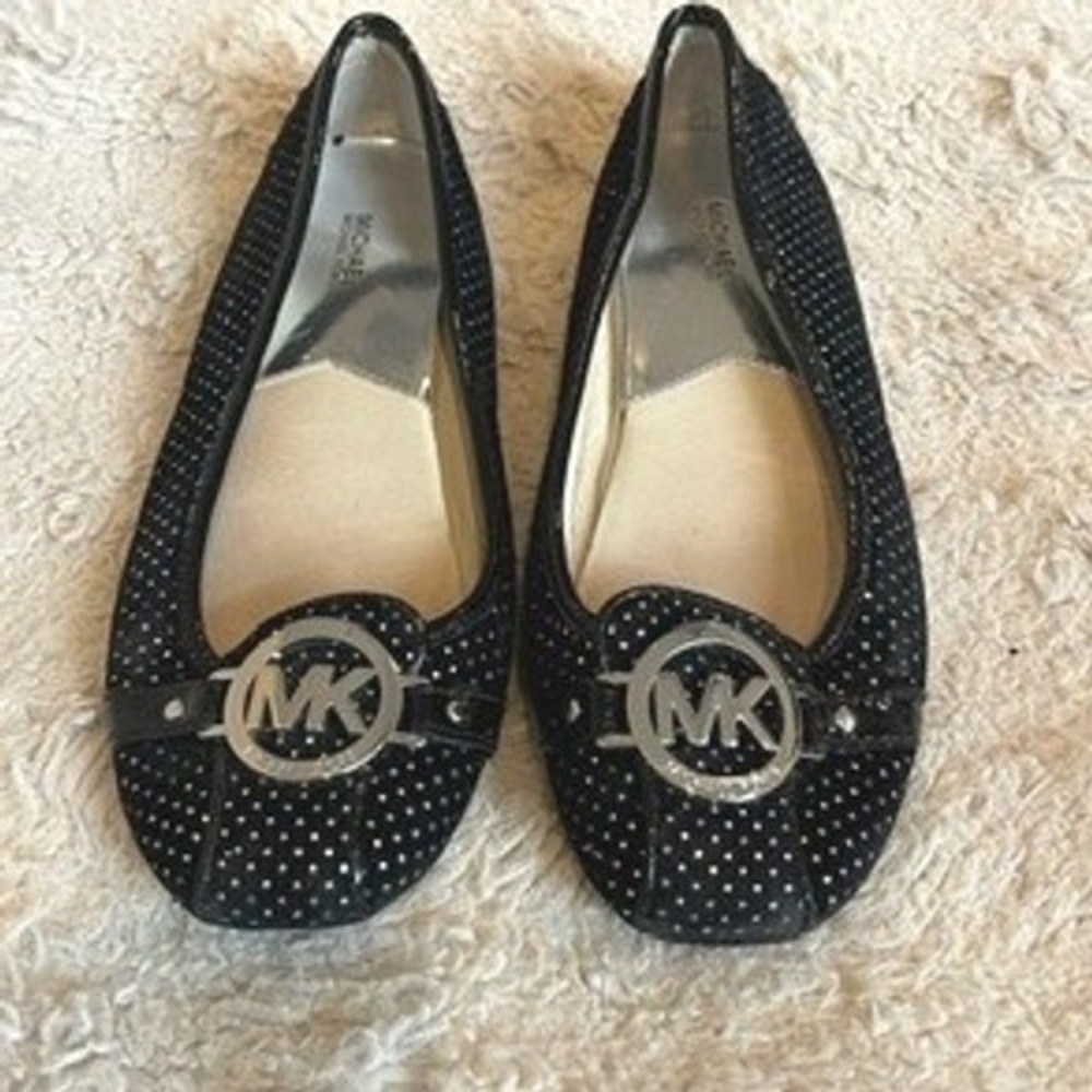 Michael Kors Fulton Black Silver Studded Polka Dot Ballet Flats MK Logo Shoes - Picture 4 of 10